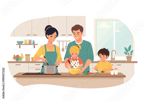 Family Cooking Together In Kitchen.