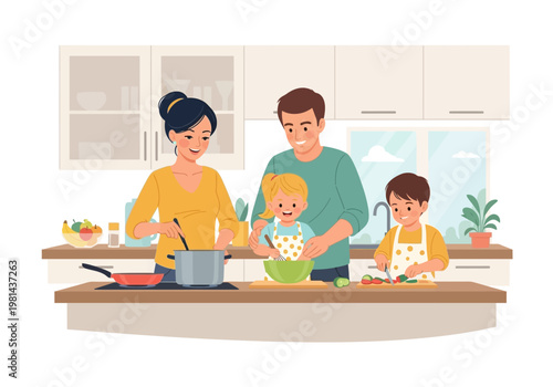 Family cooking together in kitchen.