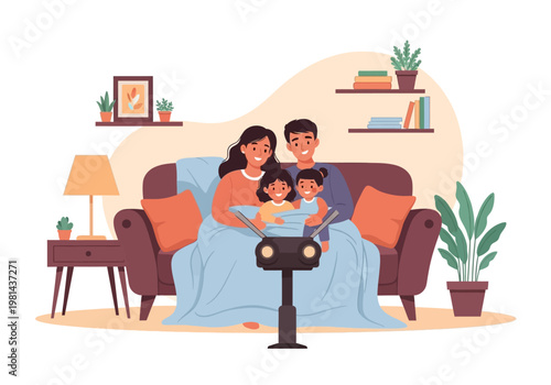 Family sitting on couch together.