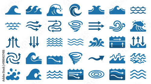 Blue Water Wave and Wind Flow Motion Vector Icon Set.