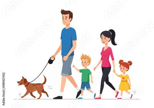 Family walking with dog together outdoors.