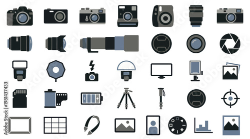 Professional Photography Equipment and Camera Lens Digital Icon Collection.