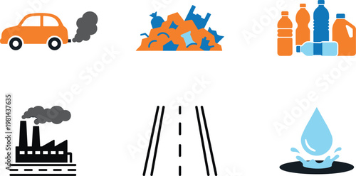 Environmental pollution icons set illustration with car emissions factory waste plastic garbage road and water contamination concept