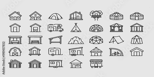 icon set collection of diverse accommodation types including houses, tents, cabins, yurts, igloos, and mobile homes for travel and real estate designs.