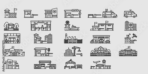 icon set collection of government buildings, security checkpoints, police stations, gates, and industrial facilities representing urban safety and public administration services.