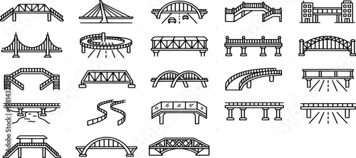 icon set collection of various bridge structures including suspension, arch, truss, and pedestrian overpasses for engineering and city planning designs.