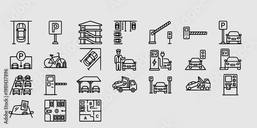 icon set collection of parking lot facilities, automated gates, tow trucks, and electric vehicle charging stations for modern urban mobility.