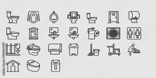 icon set collection of restroom fixtures including toilets, sinks, urinals, hand dryers, and janitorial equipment for architectural and hygiene projects.