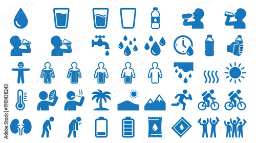 Dehydration Symptoms and Body Fluid Regulation Healthcare Vector Icon Set