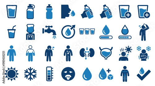 Water Intake Monitoring and Healthy Hydration Level System Icons Set