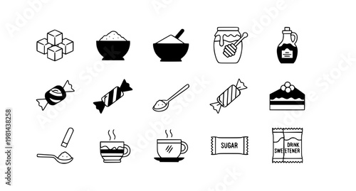 Sugar and sweetener solid fill icon set with honey sugar cubes candy and sweet food symbols
