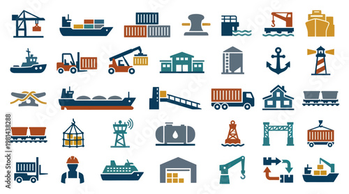 Logistics Maritime Shipping and Port Cargo Terminal Industry Icon Set