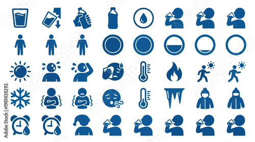 Seasonal Body Temperature Care and Daily Hydration Reminder Icon Set