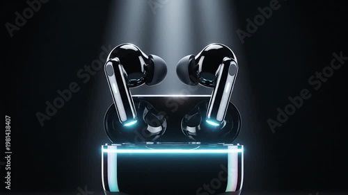 Sleek Audio Bliss: Futuristic wireless earbuds bask in an illuminating glow, set against a dark background, showcasing cutting-edge technology and modern design.