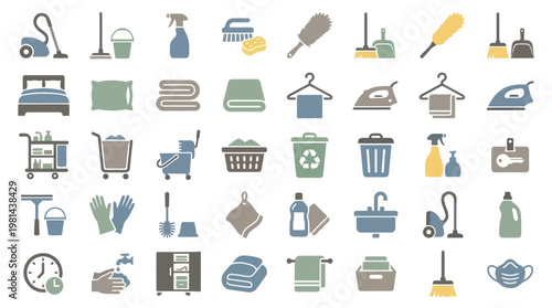 Professional Cleaning Equipment and Sanitary Maintenance Service Icon Set Design