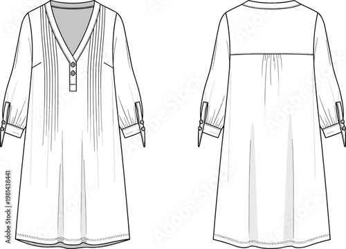 Front and back view of women tunic dress with long sleeves detailed line art vector illustration for fashion design template