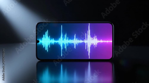 Digital soundwave in the Spotlight: A modern smartphone displays a vibrant soundwave, a symphony of digital frequencies set against a mysterious dark backdrop, enhanced by a play of light.