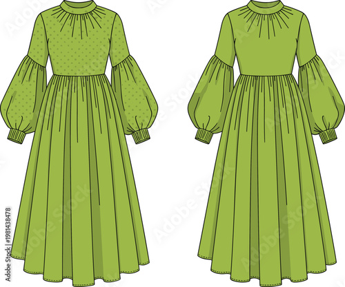 Green long sleeve midi dress illustration, elegant vintage fashion design, feminine outfit with puff sleeves, modern clothing apparel vector template