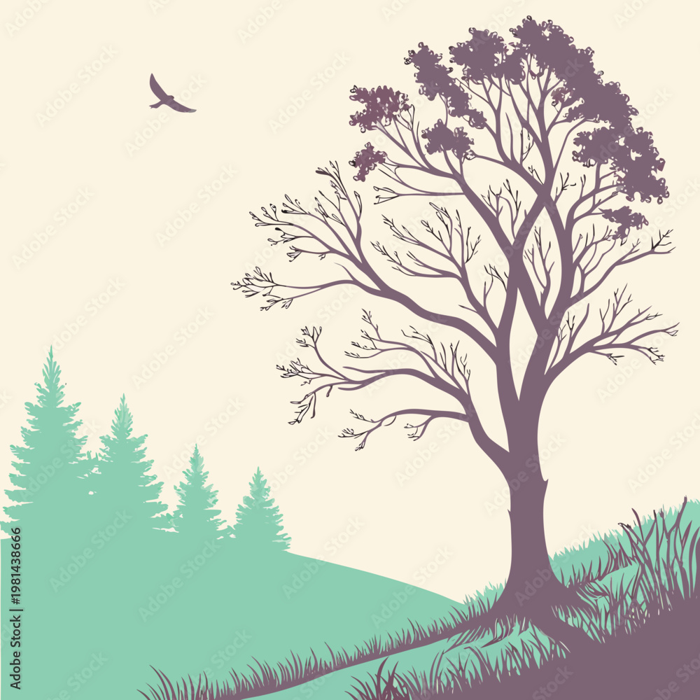 © Arif - A tree on a hill with a bird flying overhead