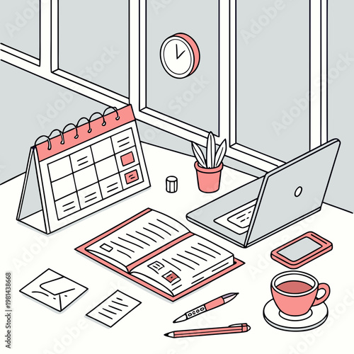 A desk with a laptop computer and office supplies