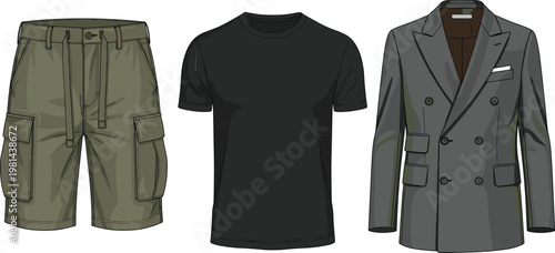 Men outfit collection illustration cargo shorts black t shirt and double breasted blazer vector fashion apparel isolated clean background