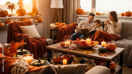 Young family reading and relaxing in a cozy autumn living room decorated with pumpkins and warm lighting.