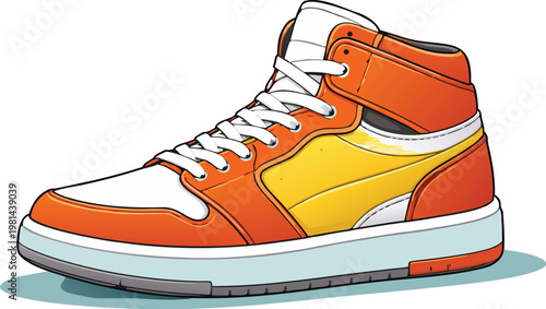 High top sneaker shoe vector illustration with bright orange panels yellow side section white cushioned sole lace up design modern athletic streetwear footwear