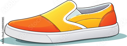 Slip on sneaker shoe vector illustration with bright orange toe and heel yellow upper panel white rubber sole modern casual footwear design