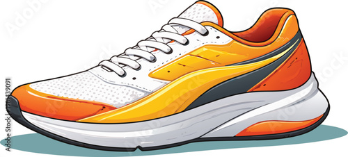 Modern running sneaker shoe vector illustration with breathable mesh upper orange heel and toe yellow side panel white cushioned sole athletic footwear design