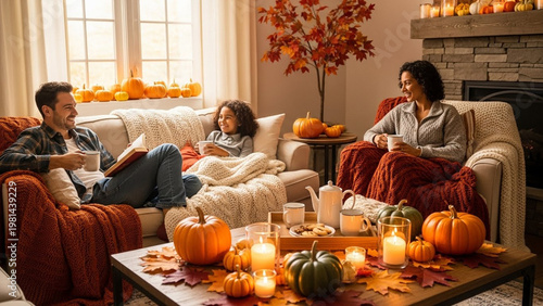 Cozy family of three enjoying coffee and reading in a warm living room decorated with pumpkins and autumn leaves.