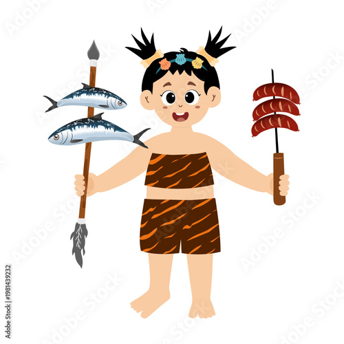 Little kid funny stone age prehistoric man, primitive caveman cartoon character vector. caveman costume vector illustration