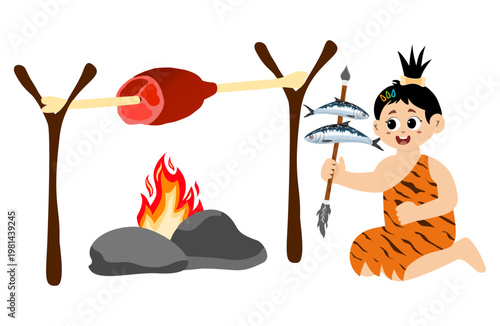 Little kid funny stone age prehistoric man, primitive caveman cartoon character vector. caveman costume vector illustration