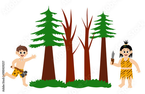 Little kid funny stone age prehistoric man, primitive caveman cartoon character vector. caveman costume vector illustration