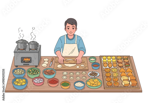 Man preparing food in kitchen.
