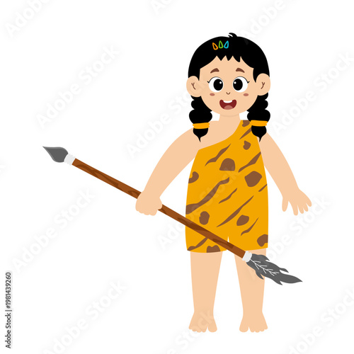 Little kid funny stone age prehistoric man, primitive caveman cartoon character vector. caveman costume vector illustration