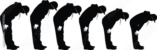 Row of Male Silhouettes Wearing Hoodies and Caps Bowing Respectfully Showing Japanese Cultural Greeting Etiquette Traditional Manners and Sincere Apology