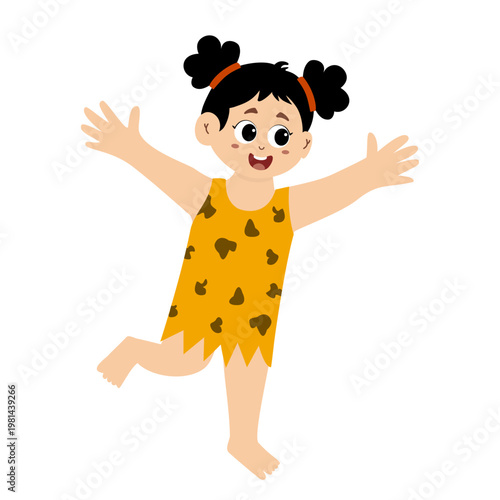 Little kid funny stone age prehistoric man, primitive caveman cartoon character vector. caveman costume vector illustration