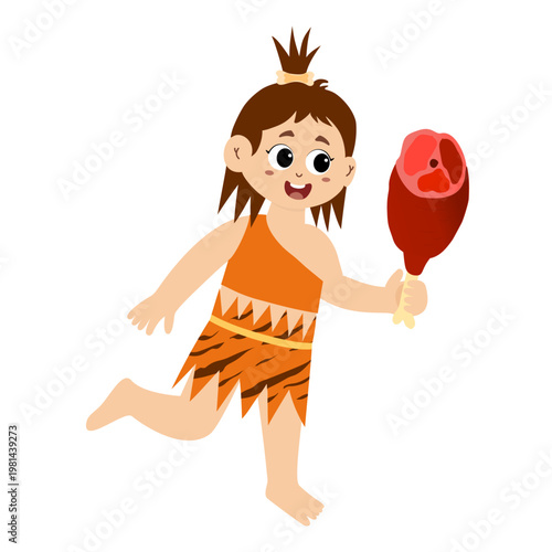 Little kid funny stone age prehistoric man, primitive caveman cartoon character vector. caveman costume vector illustration