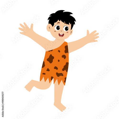 Little kid funny stone age prehistoric man, primitive caveman cartoon character vector. caveman costume vector illustration