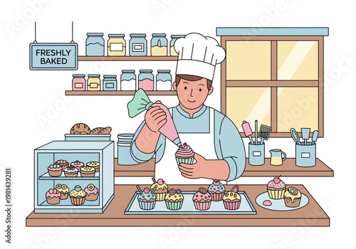 Baker Decorating Colorful Cupcake Dessert.