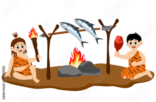 Little kid funny stone age prehistoric man, primitive caveman cartoon character vector. caveman costume vector illustration