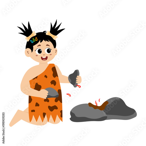 Little kid funny stone age prehistoric man, primitive caveman cartoon character vector. caveman costume vector illustration