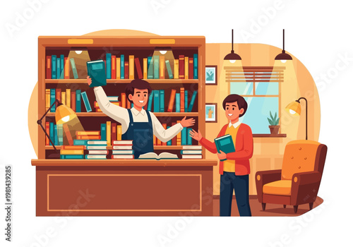 Librarian and student in library.