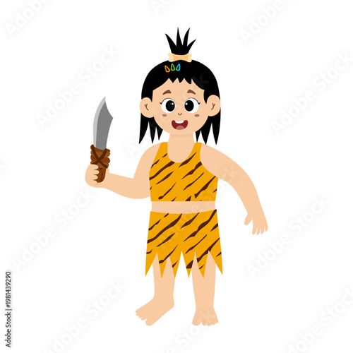 Little kid funny stone age prehistoric man, primitive caveman cartoon character vector. caveman costume vector illustration