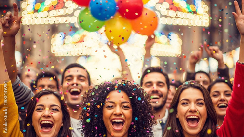 Thrilled diverse friends with raised arms celebrating at a bright outdoor carnival with balloons and confetti.