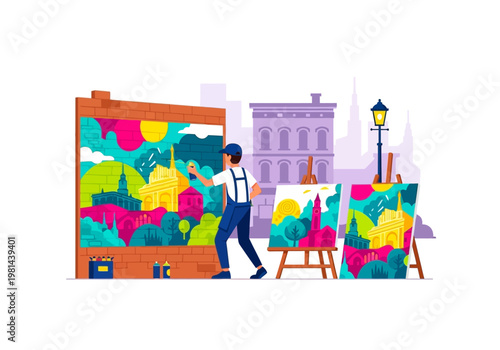Man painting on large canvas board.