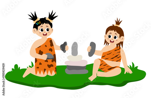 Little kid funny stone age prehistoric man, primitive caveman cartoon character vector. caveman costume vector illustration