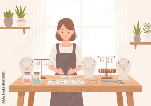 Woman making jewelry at workbench.