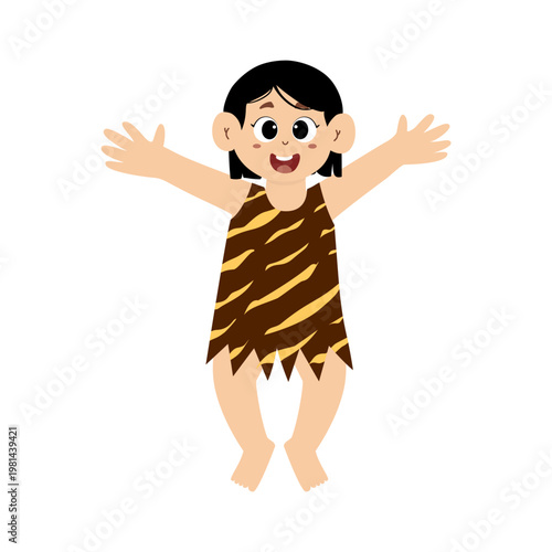 Little kid funny stone age prehistoric man, primitive caveman cartoon character vector. caveman costume vector illustration