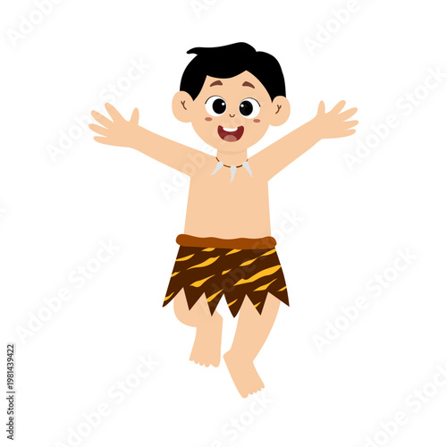 Little kid funny stone age prehistoric man, primitive caveman cartoon character vector. caveman costume vector illustration